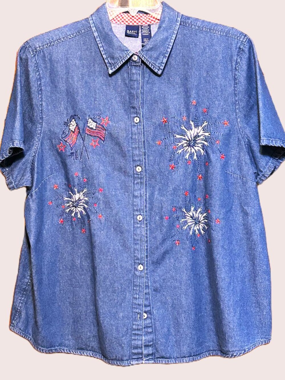 Basic Editions, Size 2X, Patriotic Denim Short Sleeve Shirt